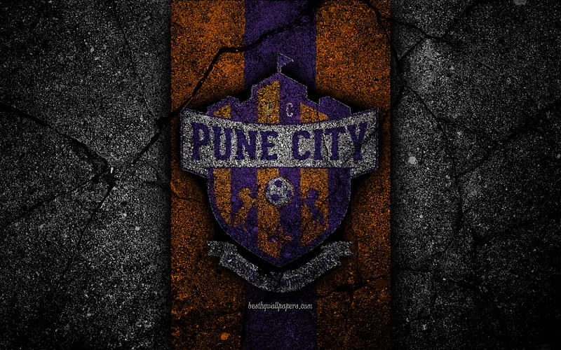 FC Pune City ISL, logo, Indian Super League, black stone, India, football club, Pune City, soccer, asphalt texture, Pune City FC, HD wallpaper