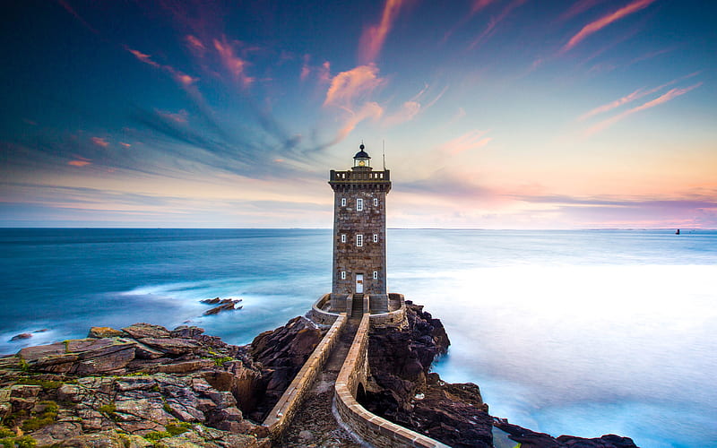 Lighthouse Seascape Coastline Brittany 2020, HD wallpaper