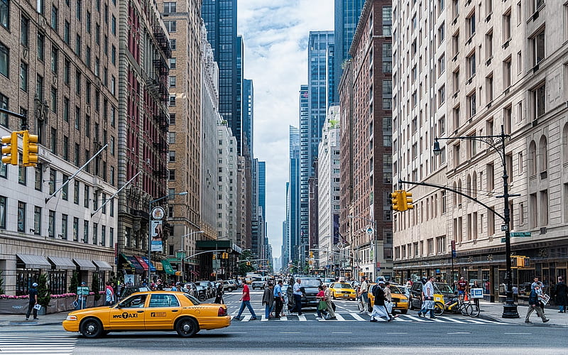 New York, city, people, taxi, America, street, skyscrapers, HD wallpaper