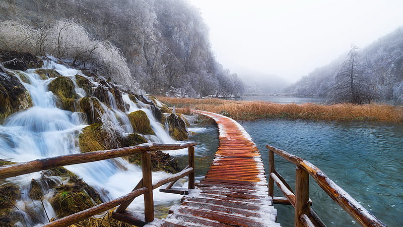 Waterfall Wooden Path And Trees With Fog During Winter Nature, HD wallpaper