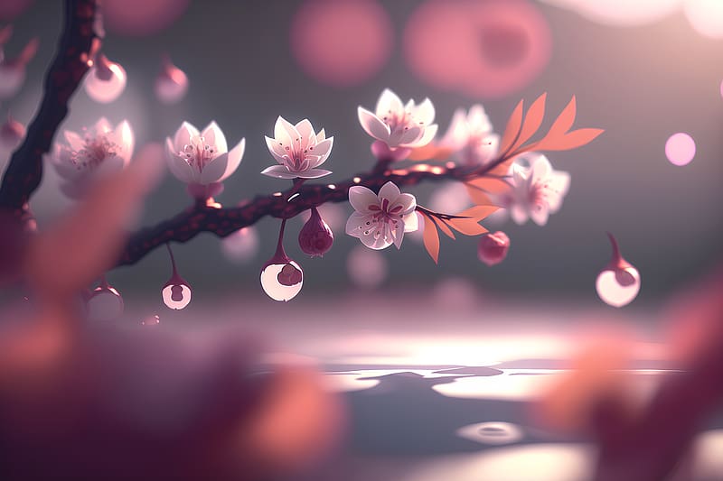 Cherry blossom and water drops, Lighting, Natural, Pink, Blur, Branch, HD wallpaper