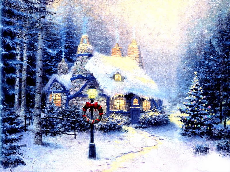 Snowy cottage, art, holidays, christmas, painting, winter, HD wallpaper ...