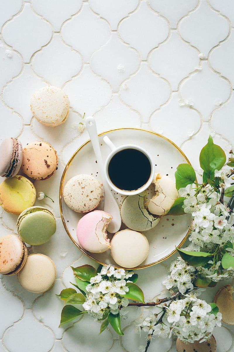macarons beside teacup and ladle on round white ceramic plate, HD phone wallpaper
