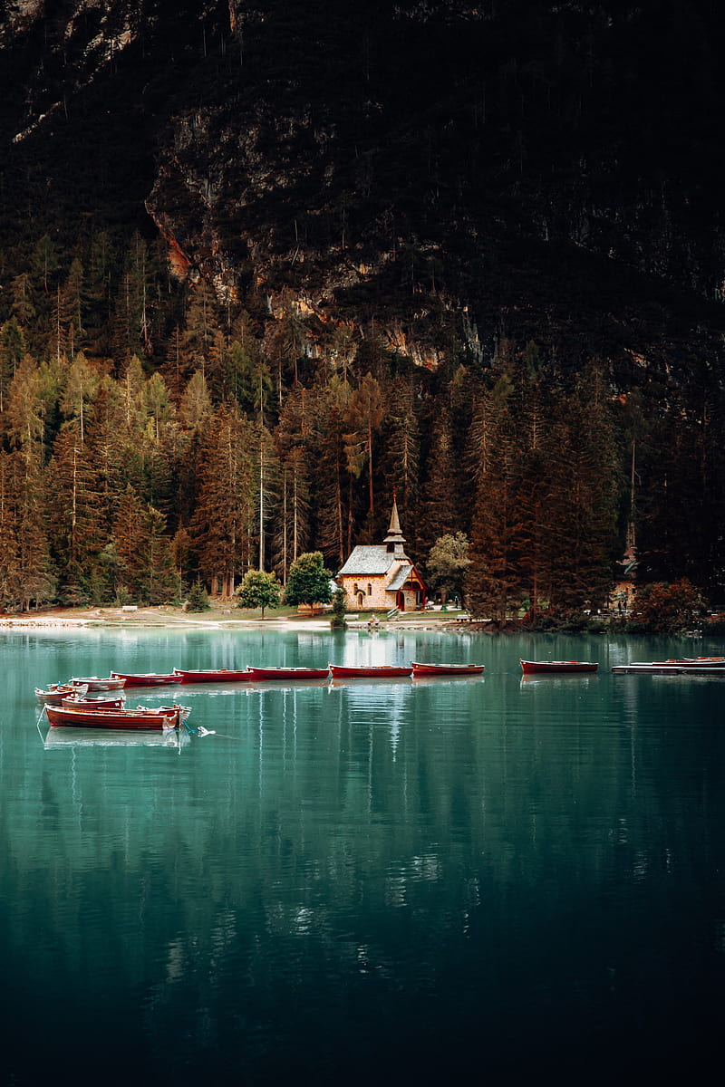building, lake, boats, forest, landscape, HD phone wallpaper