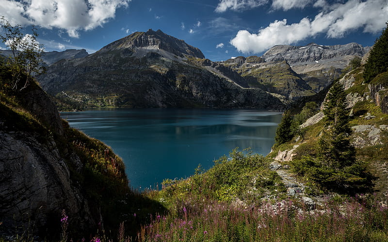 mountain lake, Alps, mountain landscape, glacier lake, Switzerland, lakes, HD wallpaper