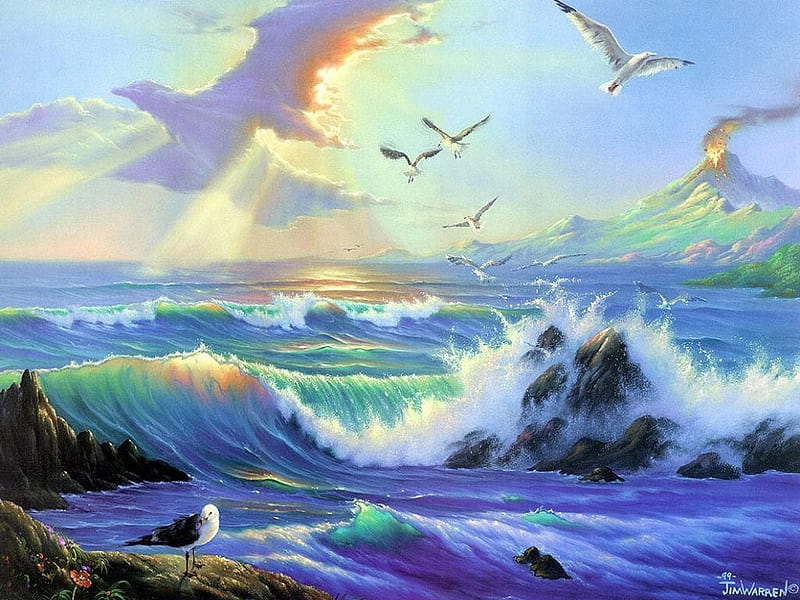 Light from above, art, ocean, painting, waves, clouds, sky, seagulls, HD wallpaper
