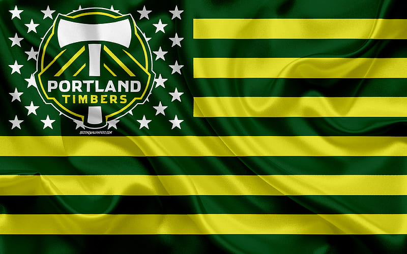 Portland Timbers, American soccer club, American flag, green yellow flag, MLS, Portland, Oregon, USA, logo, emblem, Major League Soccer, silk flag, soccer, football, HD wallpaper