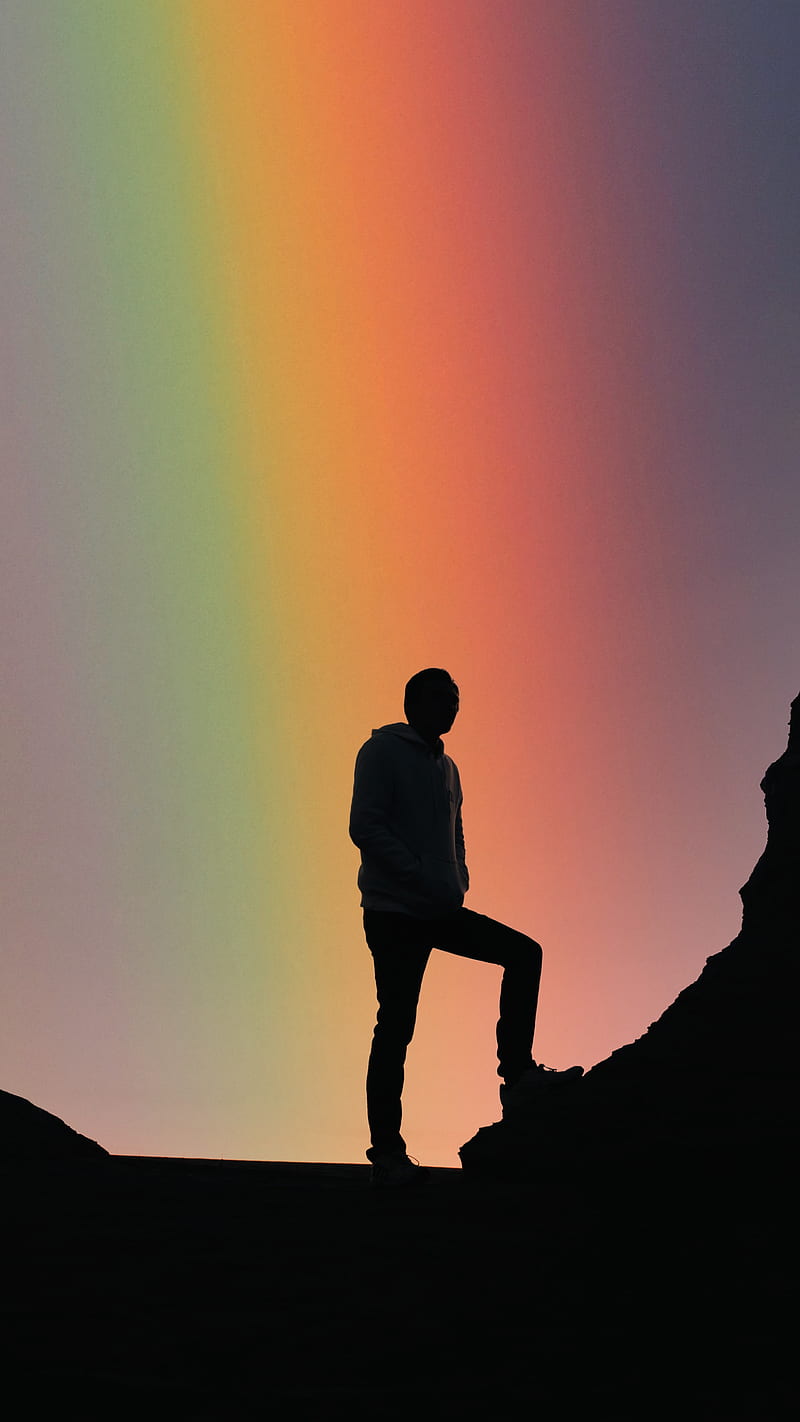 Rainbow Adventure, dark, rainbow, silhouette, sky, sunset, travel, HD phone wallpaper
