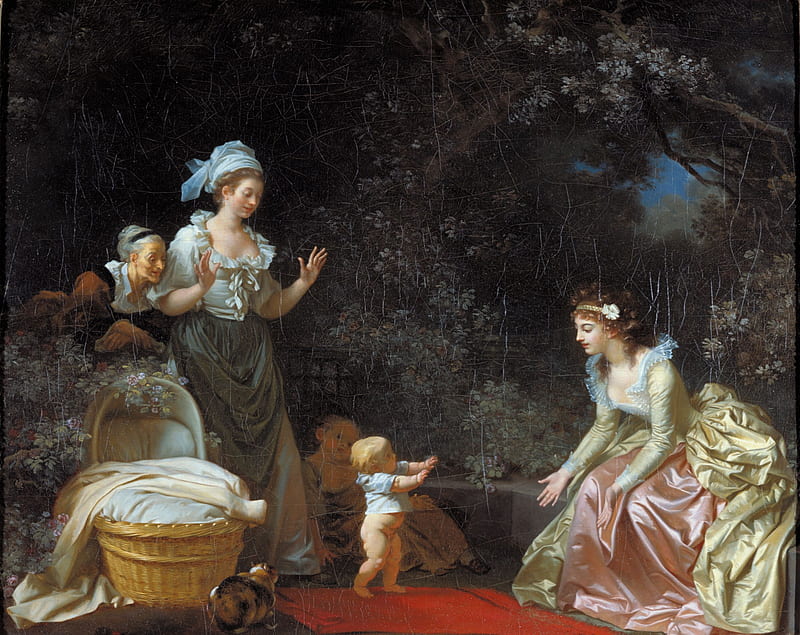 The first steps, art, jean honore fragonard, luminos, woman, mother, painting, copil, child, pictura, HD wallpaper