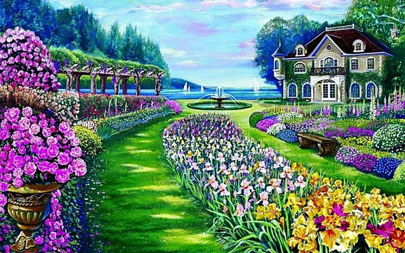 Lookout to the Lake, house, painting, flowers, garden, artwork, HD wallpaper