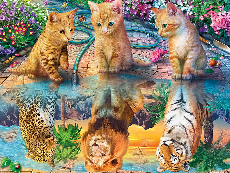 Kitten dreams, art, leu, tiger, cat, lion, cute, water, painting, jaguar, funny, dream, pisici, kitten, reflection, pictura, HD wallpaper