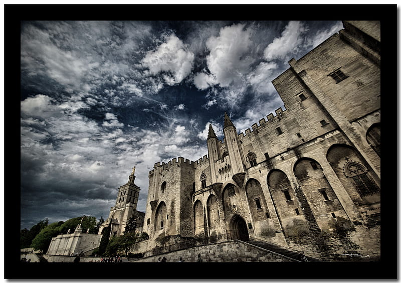 Palais des Papes (Palace of Popes), France, thick walls, arches, palace, clouds, sky, HD wallpaper