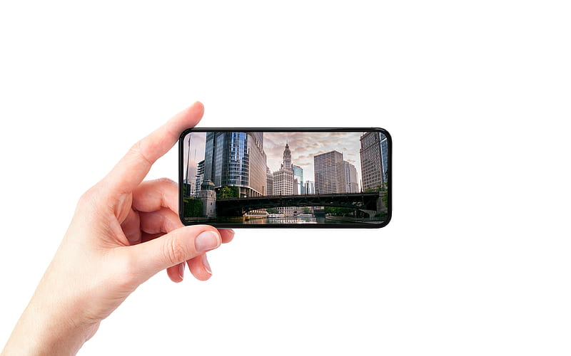 Chicago, Illinois, smartphone in hand, white background, smartphone, Chicago cityscape, USA, HD wallpaper