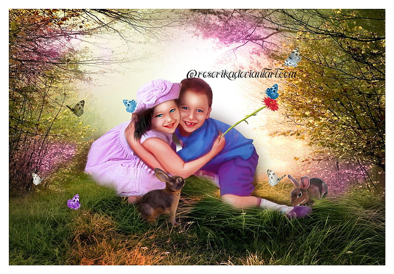 ✰Love Between Brother n Sister✰, pretty, relative, brother, adorable, sweet, fantasy, flutter, butterfly, grasses, manipulation, love, bright, flowers, face, embrace, enjoy, wings, lovely, happiness, lips, trees, cute, cool, sister, eyes, colorful, jolly, charm, bonito, digital art, hair, people, rabbits, girls, animals, female, male, colors, fun, butterflies, hat, hold, boy, plants, hugs, HD wallpaper