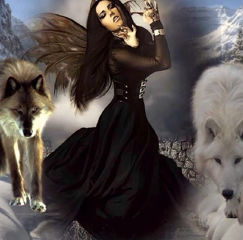 'She walks with the wolves'...., mystical, woman, wolves, animals, HD wallpaper