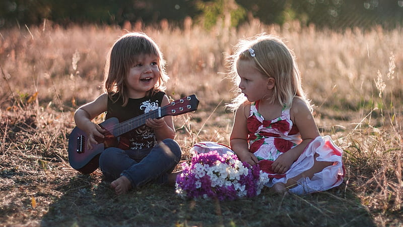 Cute Little Girls Are Sitting In Dry Grass Field Playing With Guitar Wearing Red Black Blue Dress Cute, HD wallpaper