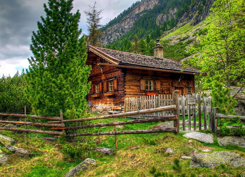 Austrian Alps, fence, Alps, rocks, pretty, hut, house, Austria, chalet,  cottage, HD wallpaper | Peakpx