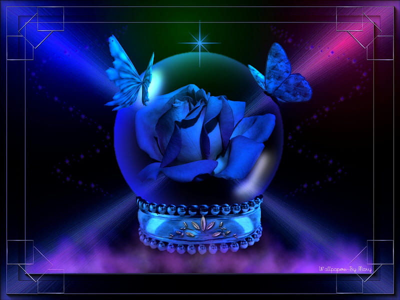 Glowing Blue Rose 1600x1200, Globes, Butterflies, BlueRoses, Rose, Glass Globes, Roses, Flowers, Butterfly, HD wallpaper