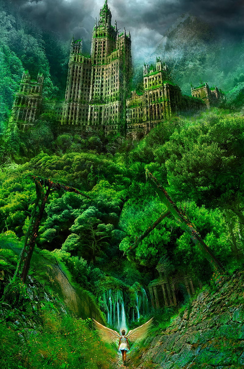 Fantasy, abstract, angel, castle, green, nature, HD phone wallpaper