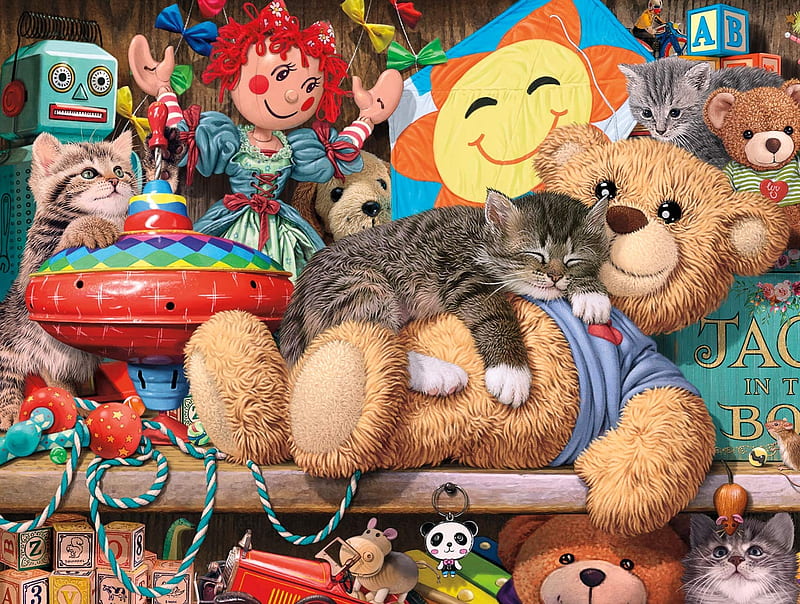 Toy Cabinet, sleep, toy, teddy bear, kitten, cat, pisici, art, cute, painting, pictura, HD wallpaper