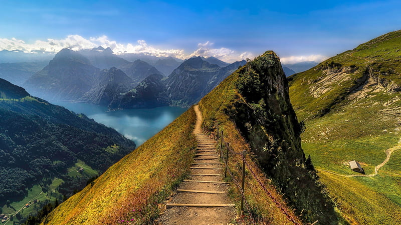 Lake Lucerne, Switzerland, landscape, water, alps, mountains, path, HD wallpaper