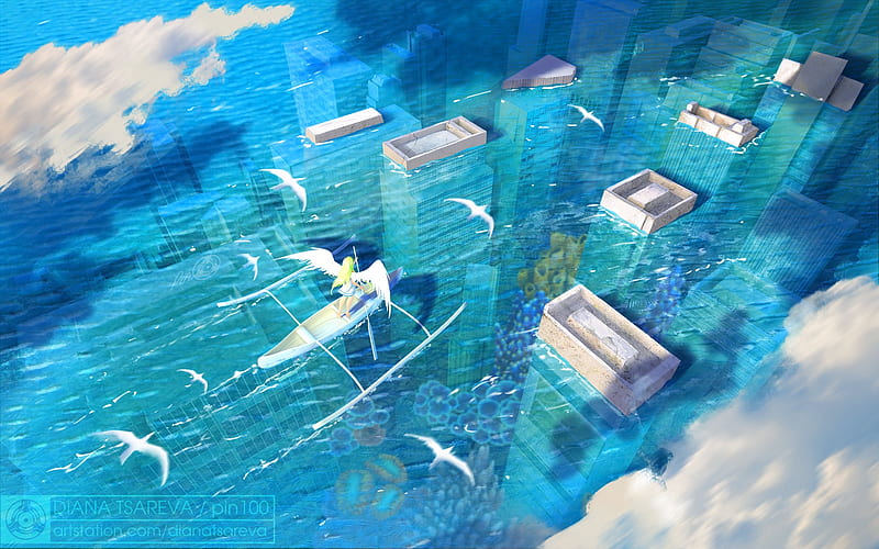 Anime, Original, Boat, City, Flood, Girl, Ruin, Water, Wings, HD wallpaper