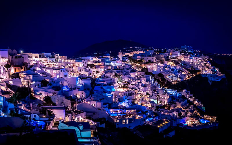 Santorini nightscapes, summer, Greece, Europe, nightly santorini, HD wallpaper