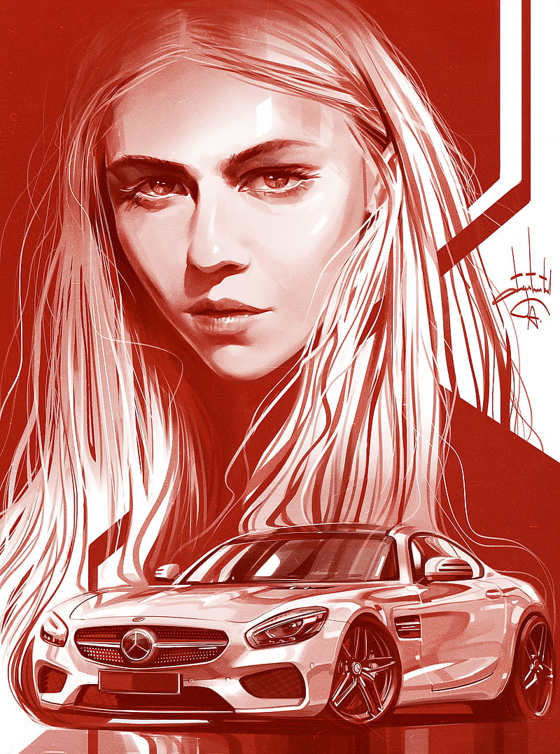 Aleksandr Sidelnikov, women, red, car, Mercedes AMG GTR, HD phone wallpaper