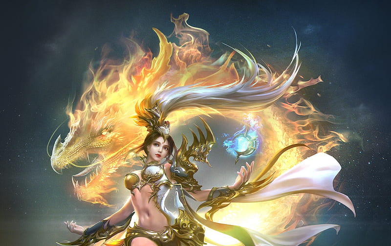 The golden dragon, golden, fantasy, luminos, girl, yellow, dragon, rongrong wang, HD wallpaper