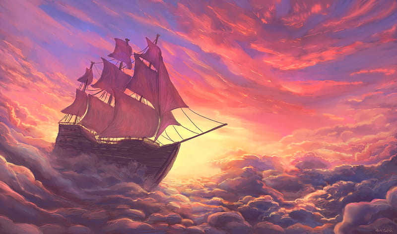 ship, sail, clouds, art, HD wallpaper