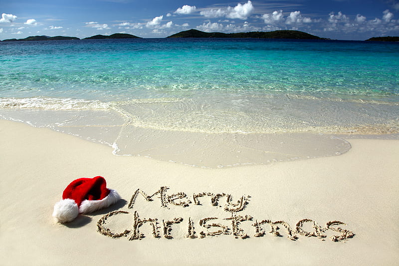 Tropical Christmas, red, sunny, sea, beach, merry christmas, snow, party, siempre, nature, sunshine, tropical, blue, HD wallpaper