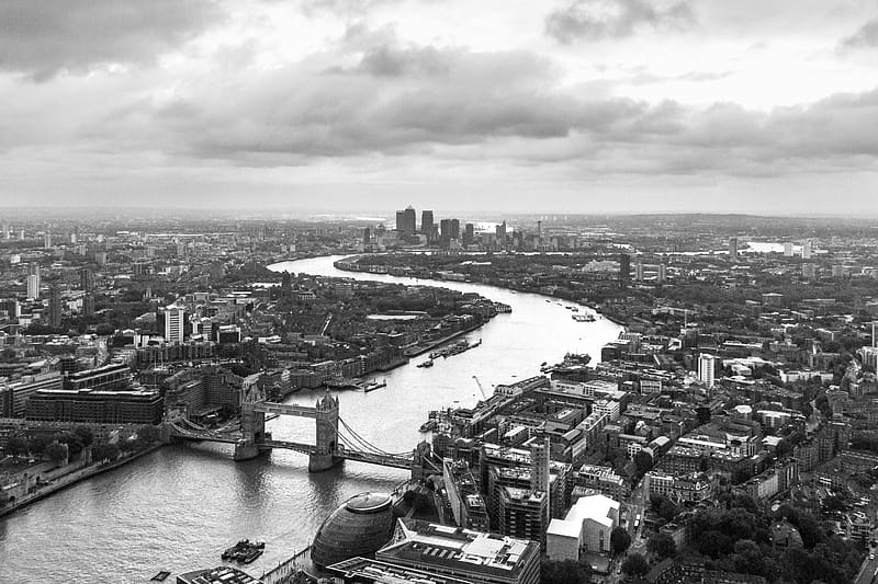 river, bridge, city, thames, london, england, black and white, HD wallpaper