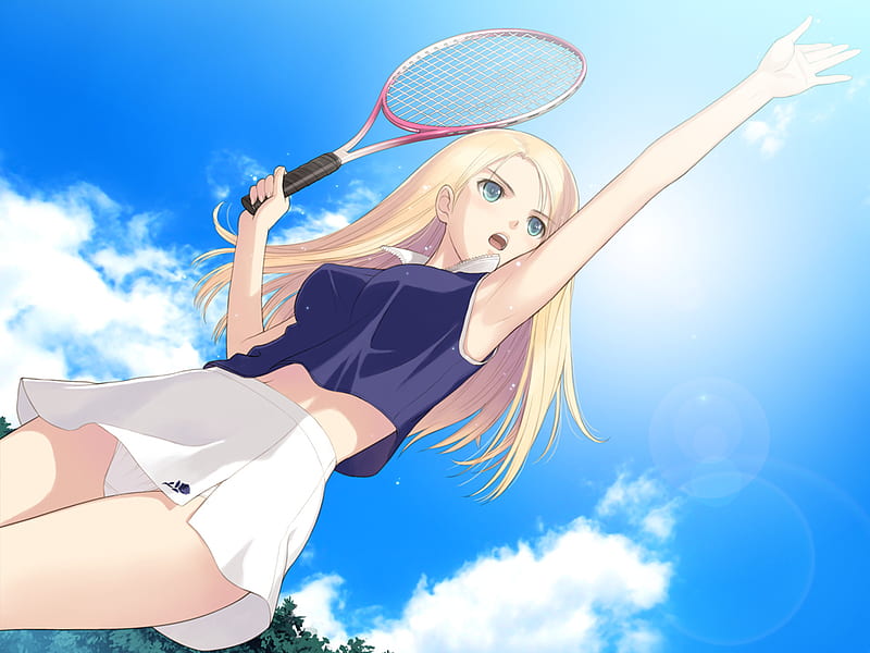 tennis game, pretty, warm, sun, blush, blonde, sky, clouds, girl, serving, anime, summer, hot, blue eyes, racket, light, HD wallpaper