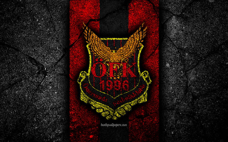 Ostersunds FC, emblem, Allsvenskan, football, black stone, Sweden, Ostersunds, logo, asphalt texture, FC Ostersunds, HD wallpaper