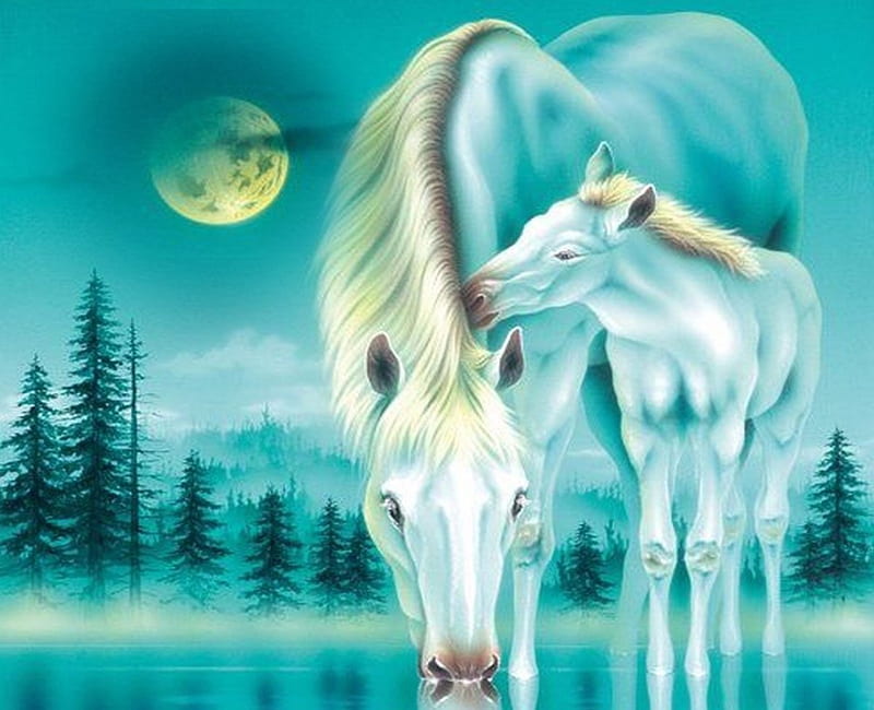 Fantasy Horses, Digital art, moon, love, magical, colors, horse, Fantasy, HD wallpaper