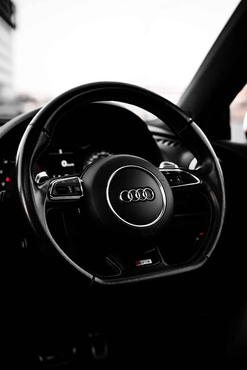 audi, steering wheel, car, black, HD phone wallpaper
