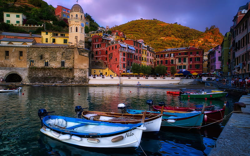 Vernazza, evening, coast, sunset, wooden boats, Cinque Terre, Italy, Ligurian Sea, HD wallpaper
