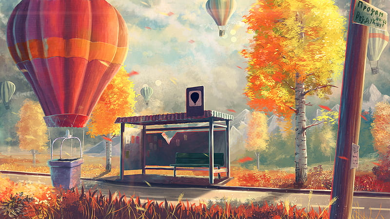 Anime, Original, Bus Stop, Hot Air Balloon, HD wallpaper