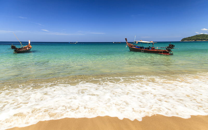 Indian Ocean, Thailand, beach, boats, tropical island, summer, HD wallpaper
