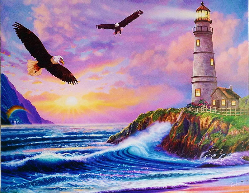 Lighthouse and Eagle, sea, water, raptors, painting, birds, sunset, sky, HD wallpaper