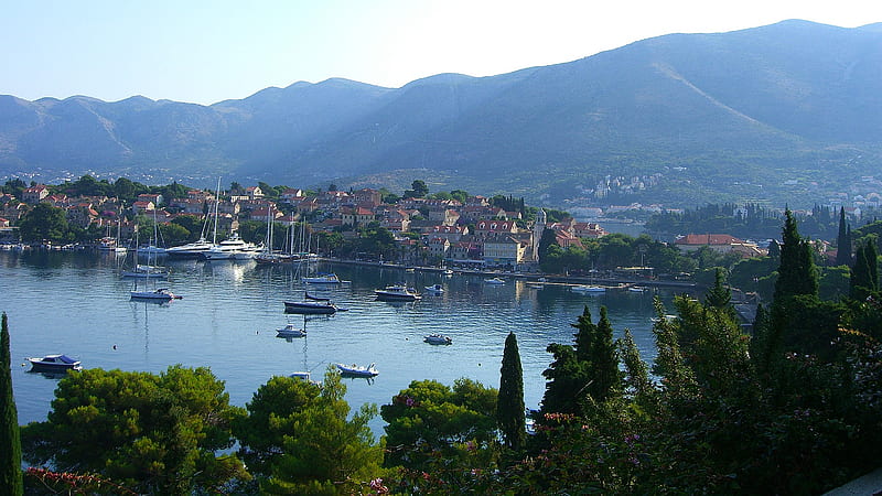 Cavtat, a small harbor on the Adriatic sea, old city, boats, croatia, harbour, adriatic, cavtat, sea, HD wallpaper