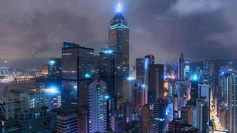 Hong Kong under a Cloudy Twilight, night lights, cityscapes, nature, twilight, clouds, sky, HD wallpaper