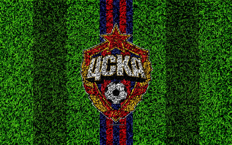 PFC CSKA Moscow logo, grass texture, Russian football club, blue red lines, football lawn, Russian Premier League, Moscow, Russia, football, HD wallpaper