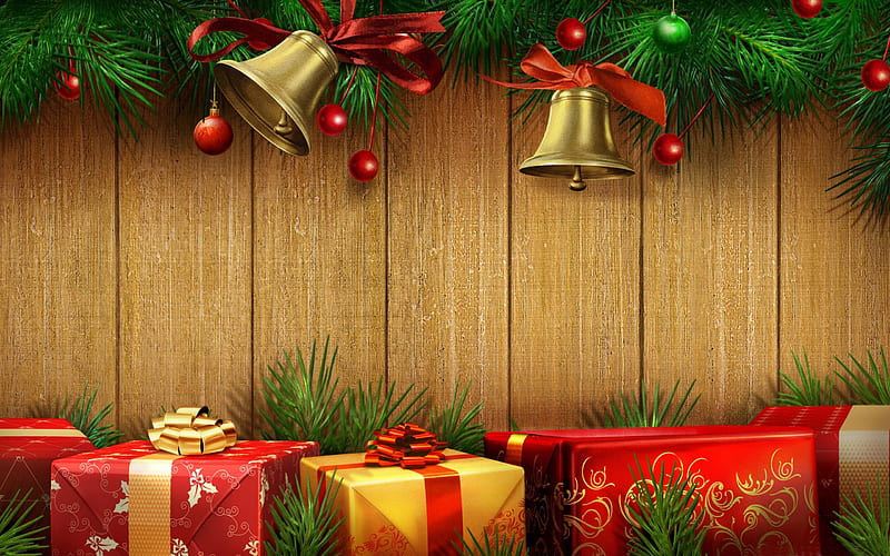 Gifts And Bells, red, holidays, christmas, nice, cool, party, beauty, bells, gifts, HD wallpaper