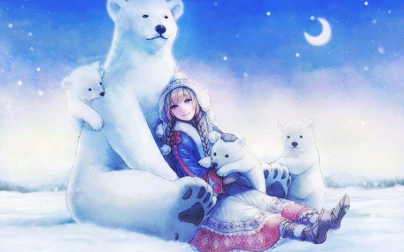 My family, pretty, cg, game, bonito, clouds, animal, sweet, nice, moon, anime, beauty, anime girl, blue eyes, female, lovely, twintail, smile, blonde hair, soujirou, sky, winter, hat, cute, cool, snow, awesome, bears, HD wallpaper