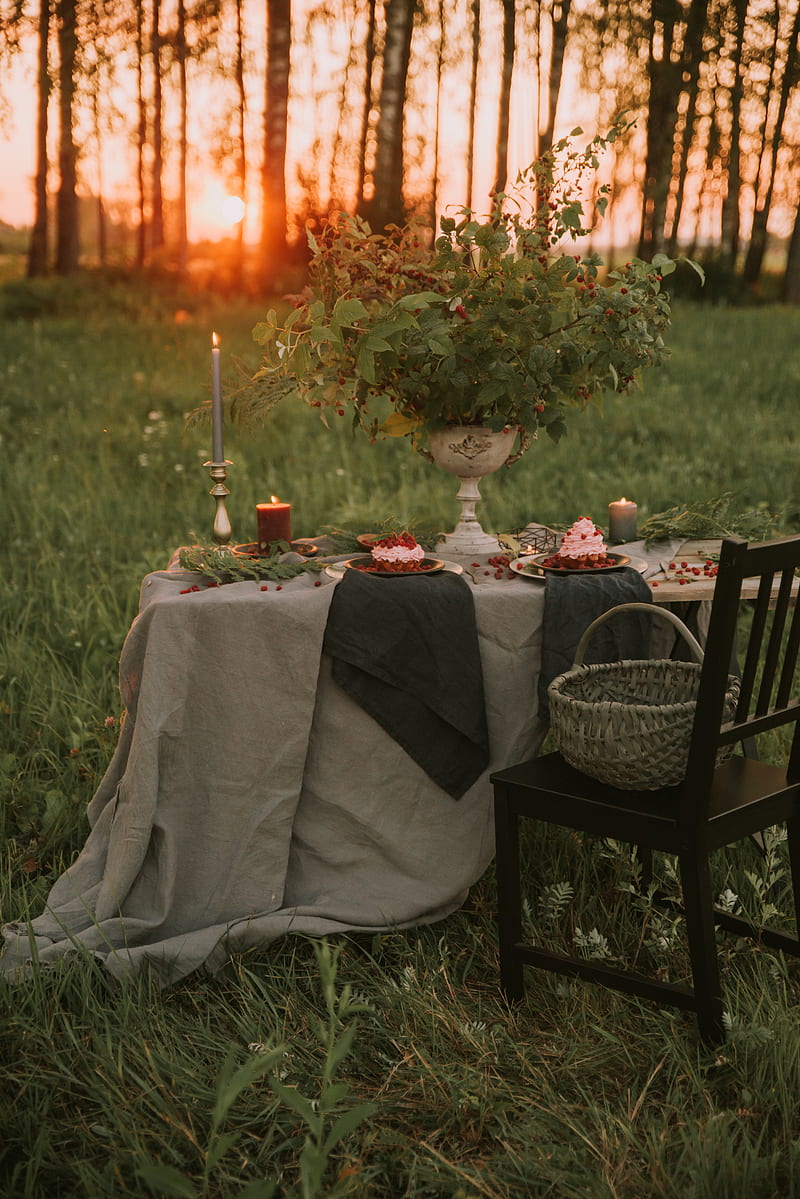 table, chair, nature, sunset, romance, HD phone wallpaper