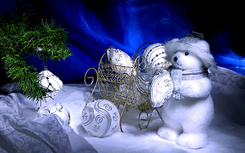 HAPPY HOLIDAYS, christmas tree, balls, christmas, snow, new year, teddy bear, sled, toys, HD wallpaper