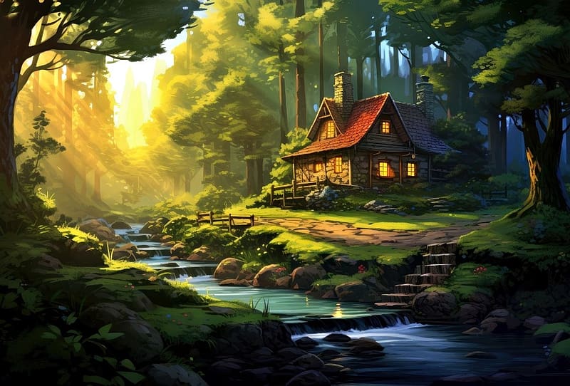 Illuminated wooden house in the forest by the stream, haz, fak, patak, sziklak, erdo, napfeny, tajkep, novenyzet, lepcsok, napsugarak, termeszet, HD wallpaper
