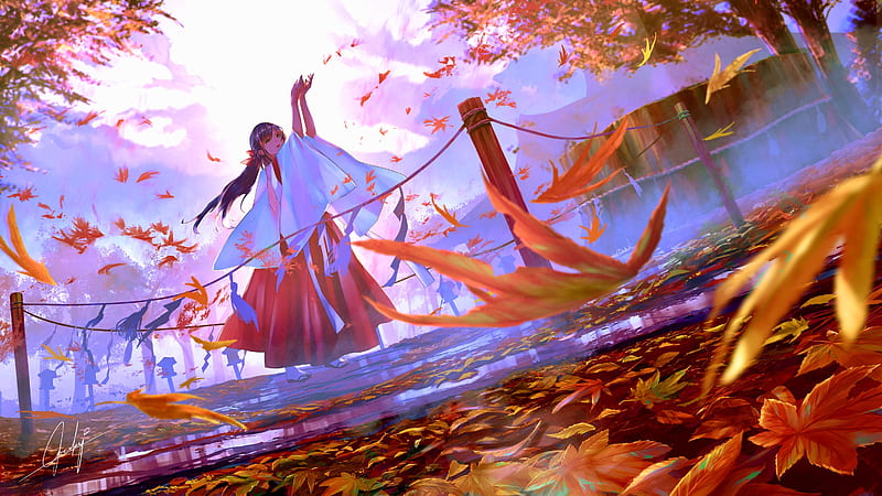 Anime, Original, Fall, Foliage, Girl, Long Hair, Yukata, HD wallpaper