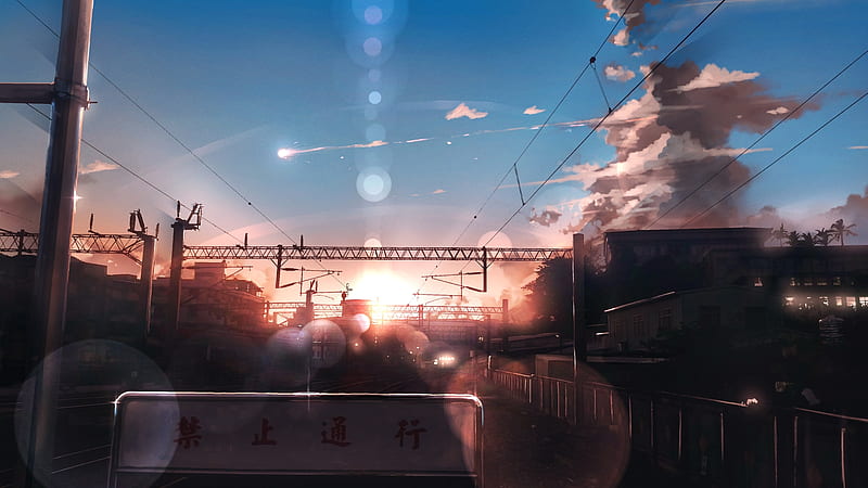 anime landscape, sunset, bokeh, train, sky, scenery, railway, Anime, HD wallpaper